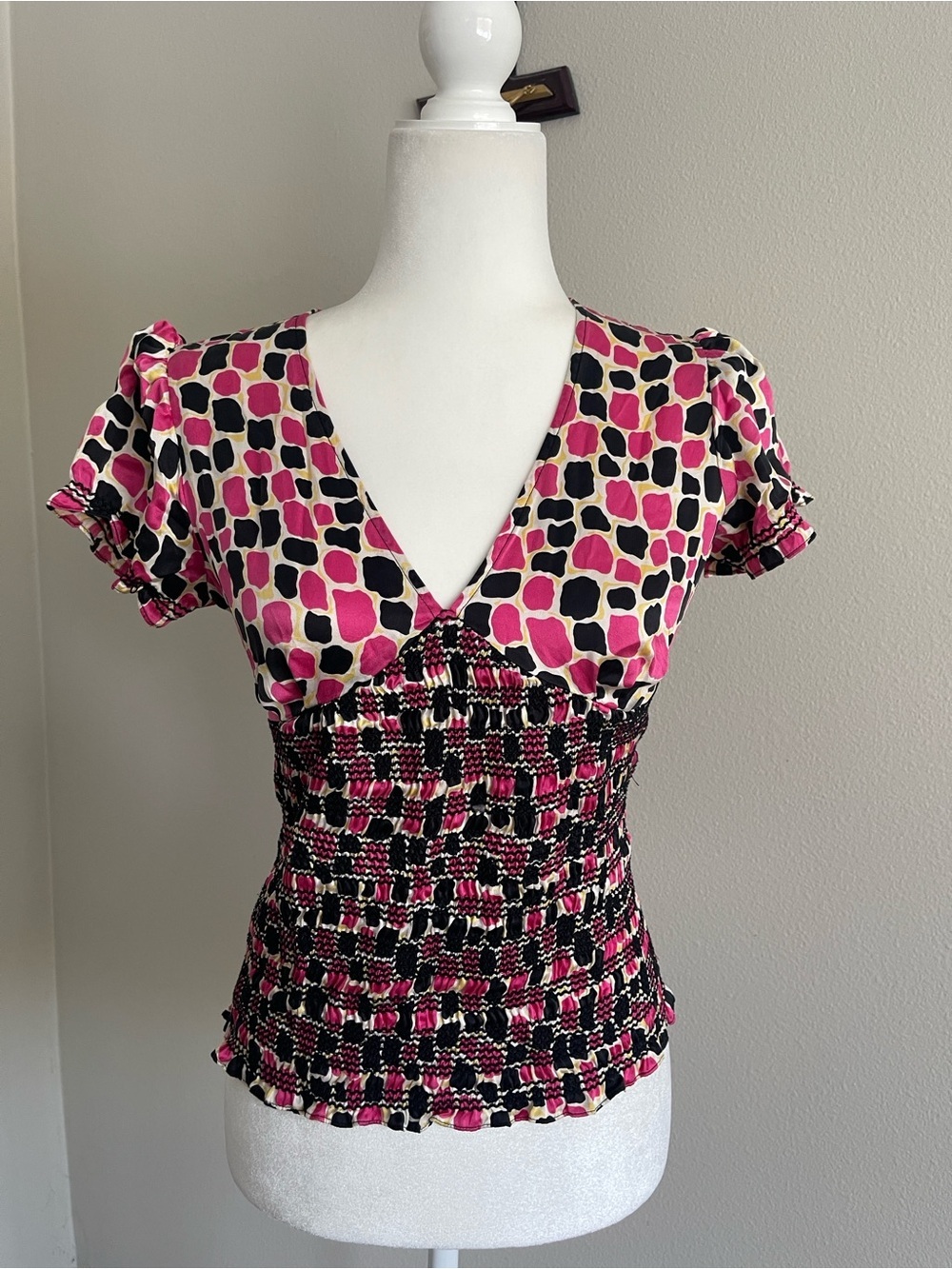 INC International Concepts Pink and Black Printed Smocked V-Neck Top